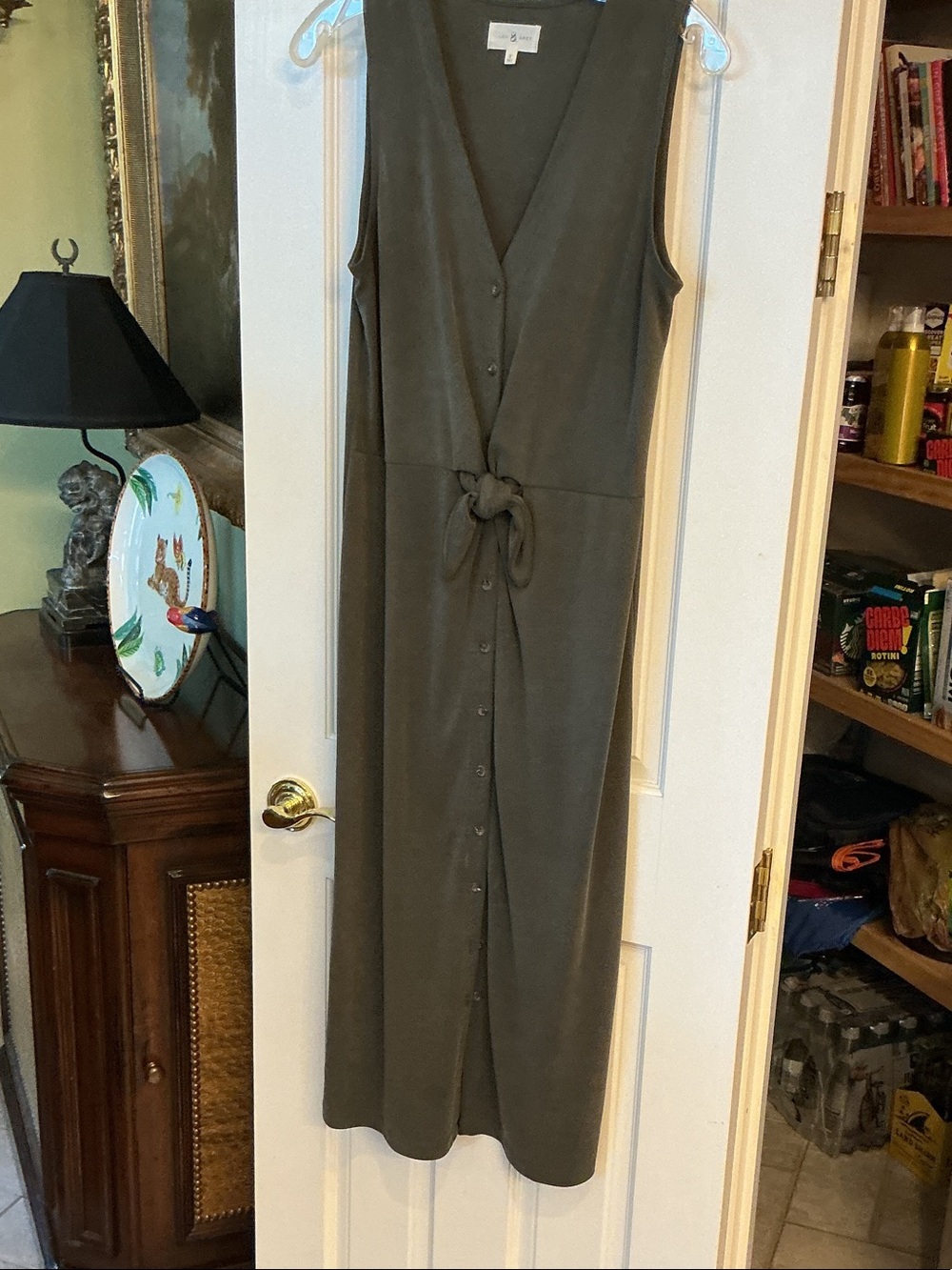 Lou & Grey Olive Green Sleeveless Button-Front Midi Dress with Tie